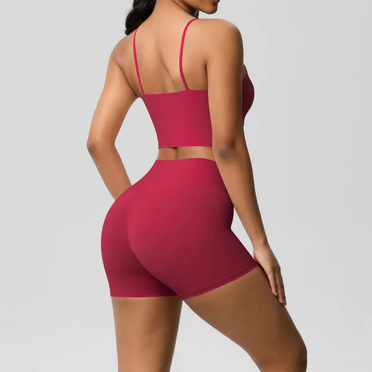 Women'S Solid Sportswear 2-Piece Yoga Set Quick Dry Fitness Breathable Shockproof Halter Tank Top Front High Waist Butt Lift