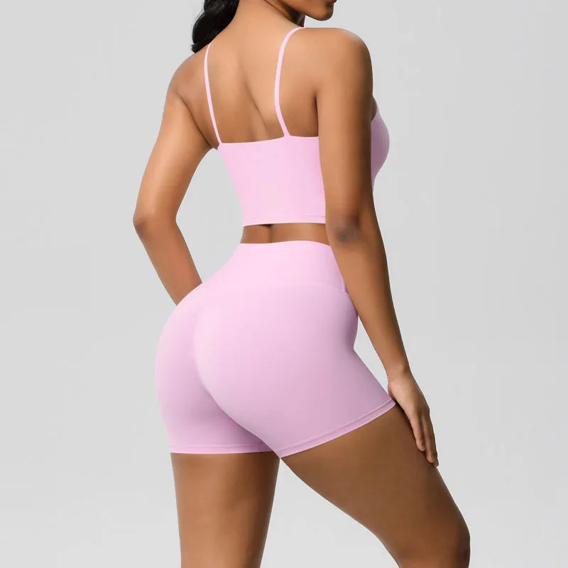 Women'S Solid Sportswear 2-Piece Yoga Set Quick Dry Fitness Breathable Shockproof Halter Tank Top Front High Waist Butt Lift